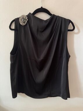 Joie Black Sleeveless Draped Camisole with Crystal Brooch